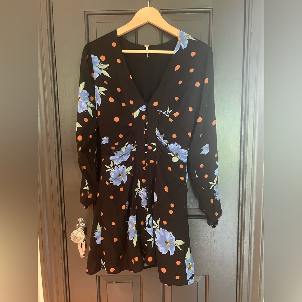 Free People Black Floral & Orange Dot V-Neck Women's Dress
